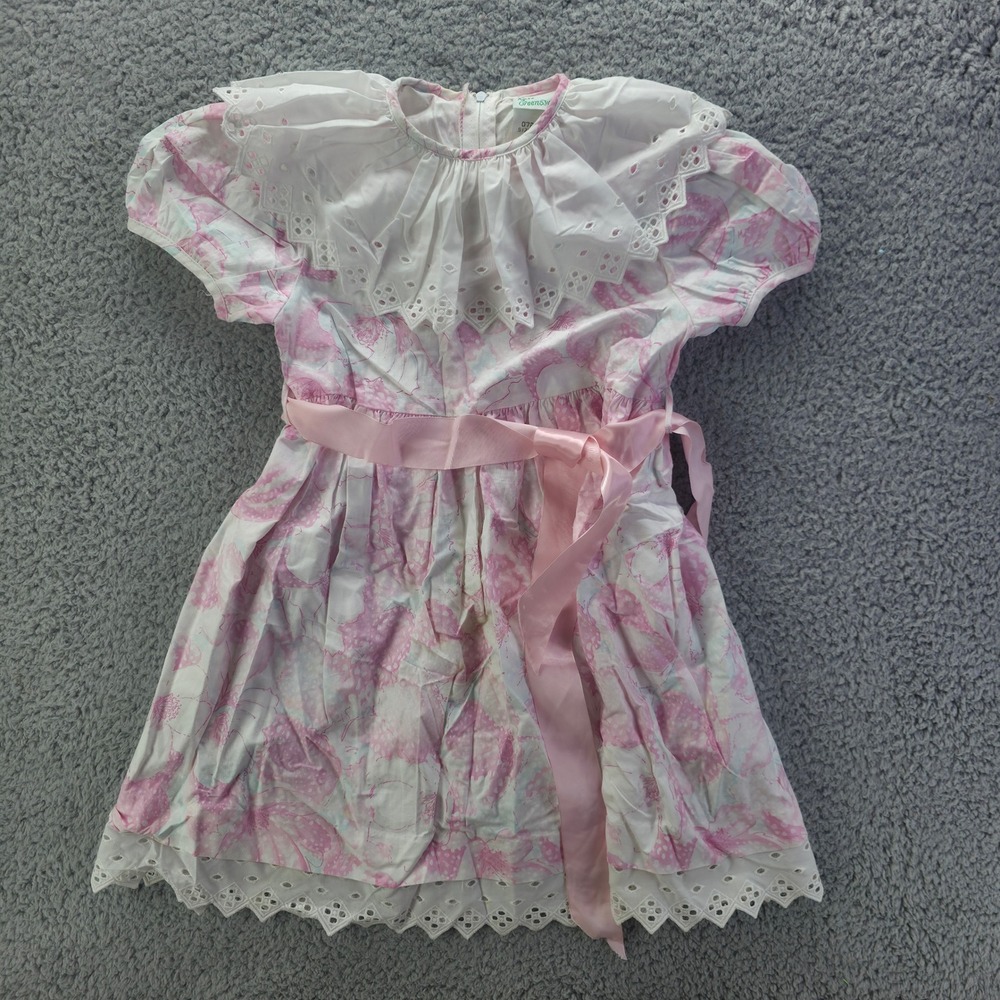 Kate Greenaway Vintage Girls Pink Floral Eyelet Lace Dress Size 6X 0723/3